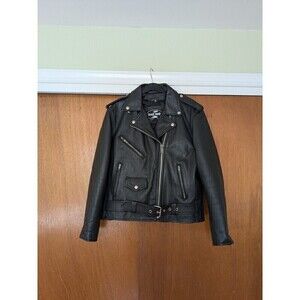 Vintage River Road Black Leather Motorcycle Jacket M Zipper Pockets Buckle Biker